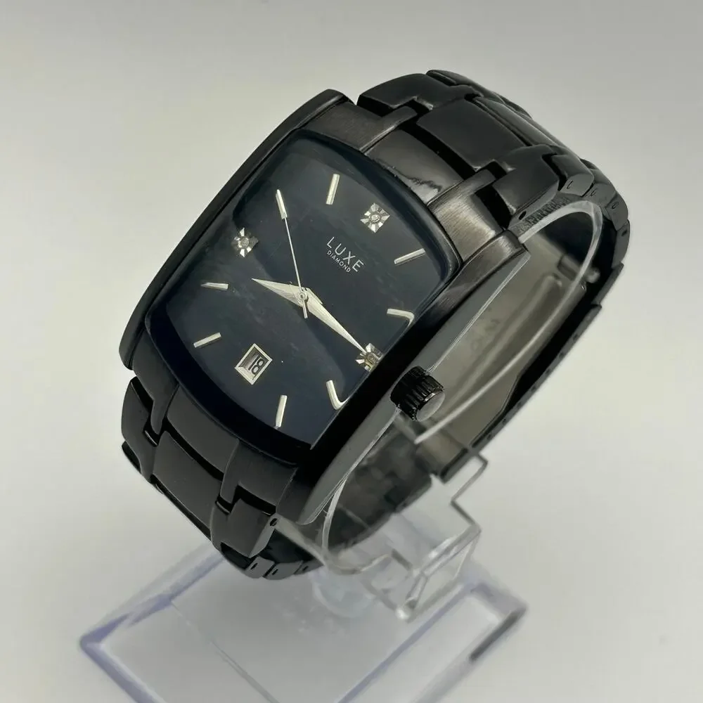 Luxe Men’s Diamond Watch Black Stainless Steel Working New Battery